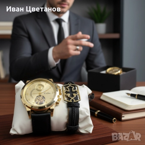 Елегантен мъжки комплект – часовник с черна каишка и гривна с метален щит, снимка 2 - Мъжки - 52124763