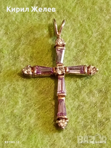 Сребърен медальон кръст с ювелирно инкрустиран ЛИЛАВ АМЕТИСТ много красив 46168, снимка 6 - Колиета, медальони, синджири - 52912821