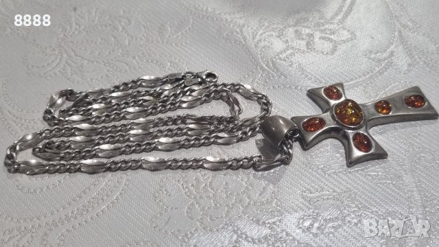Сребърен кръст с балтийски кехлибар 925 POLAND V8 и синджир , снимка 9 - Колиета, медальони, синджири - 44483470