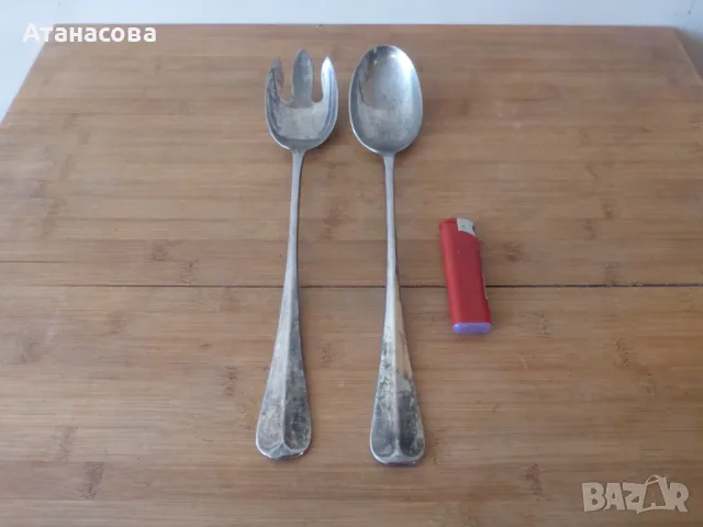 Дълги посребрени прибори за салата 31 см 1950 г, снимка 3 - Прибори за хранене, готвене и сервиране - 48970336