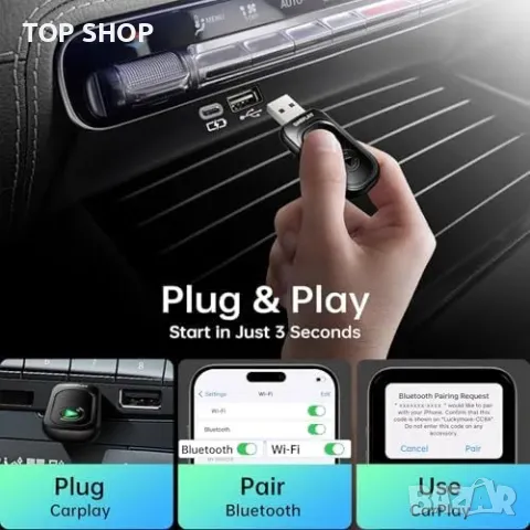 Нов Безжичен CarPlay адаптер - Plug & Play за автомобили 2017+ коли, снимка 6 - Друга електроника - 49892856