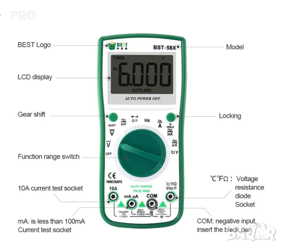 Bestool BST-58X Интелигентен автоматичен цифров мултицет 6000 отброя AC/DC тест за напрежение и ток, снимка 2 - Друга електроника - 49196304