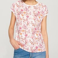 Бяла памучна блуза на коралови цветя, снимка 1 - Тениски - 41789254