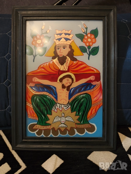 Картина икона найвизъм върху стъкло с дървена рамка, снимка 1