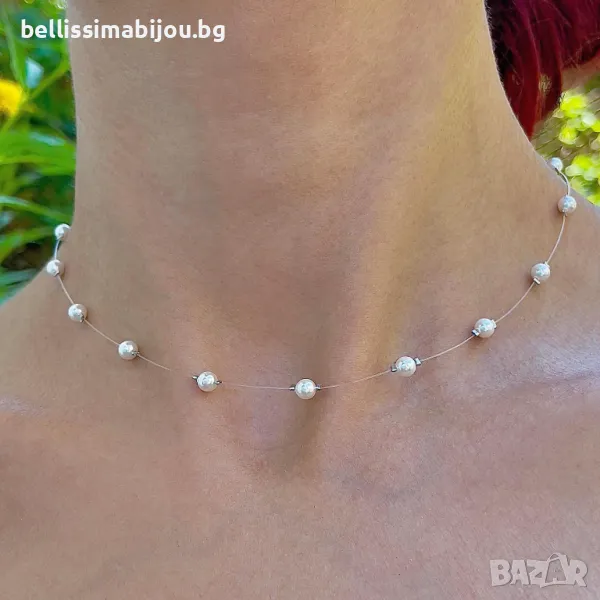 Нежно Колие на Прозрачна Корда с Перли Сваровски/Swarovski, снимка 1