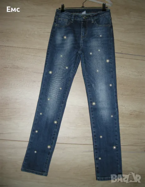 Дамски дънки с перли, снимка 1