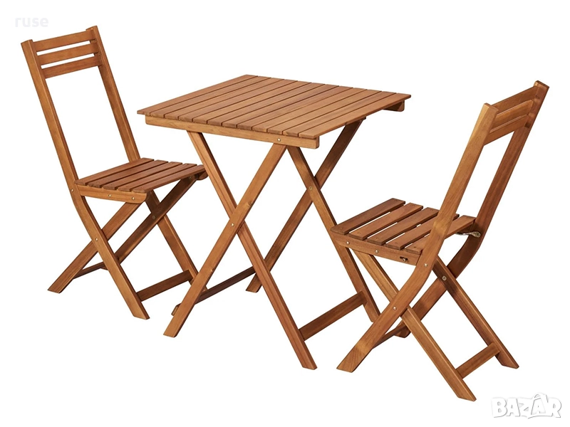 НОВИ! Дървена маса с 2 стола сгъваеми бистро комплект акация масив, снимка 1