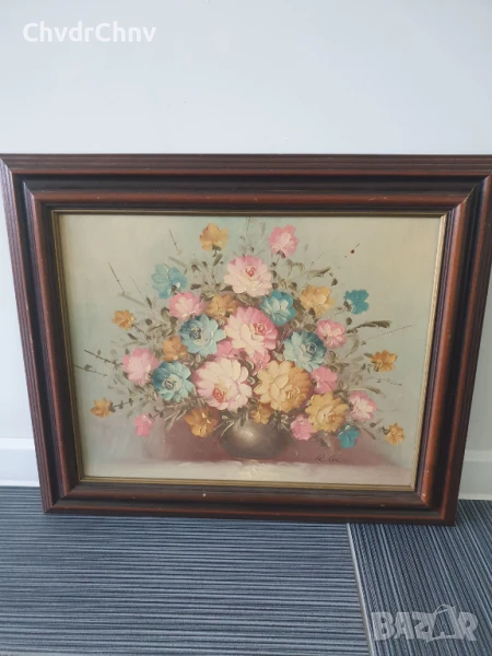 Robert Cox 63х53см/стара картина масло върху платно/натюрморт ваза с цветя/дървена рамка, снимка 1