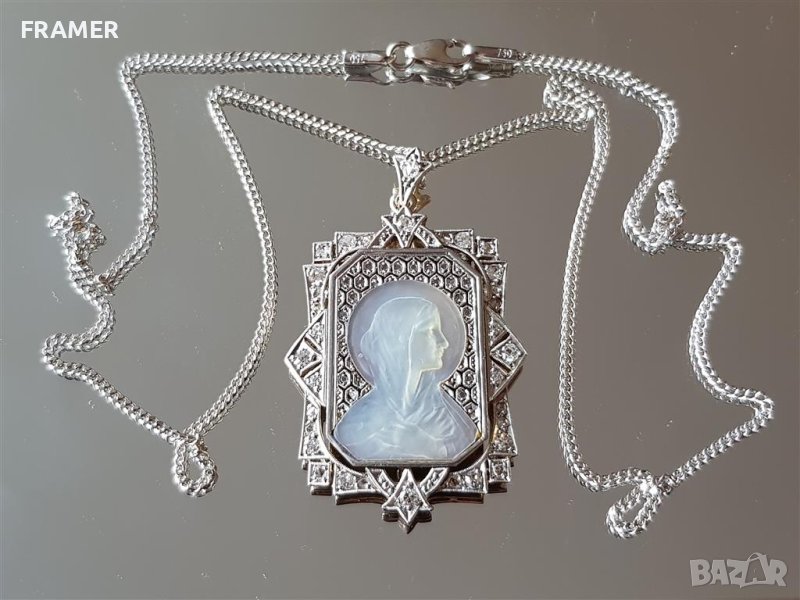 ЗЛАТЕН 18 КАРАТА СТИЛЕН МЕДАЛЬОН 1940 МАСИВЕН Брилянти ДИАМАНТ и седеф бяло злато, снимка 1