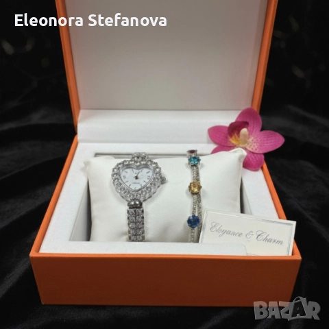 Сърцевиден дамски часовник с гривна и кристали – стил и практичност в кутия, снимка 3 - Гривни - 51952801