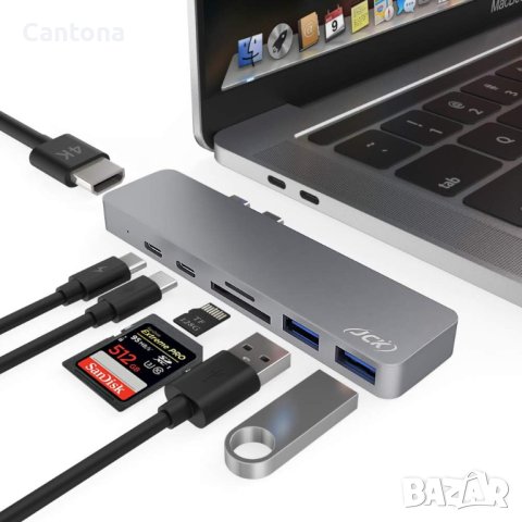 JCK USB C хъб 7 in 2, 4K HDMI, USB-C, Thunderbolt 3 PD 100W, 2 USB 3.0, SD/TF четец на карти