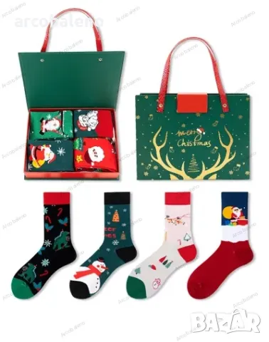 Комплект 4 чифта коледни чорапи в подаръчна кутия, 6 модела, снимка 3 - Дамски чорапи - 47828540