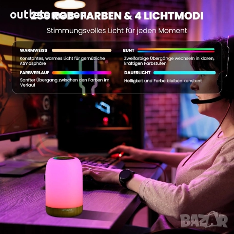 LED нощна лампа с тъчскрийн, димируема с 256 RGB цвята и 4 режима, снимка 4 - Лед осветление - 52734990