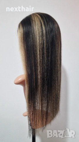 Естествена черна перука с руси кичури - 55 см, дантелена зона 4х4, снимка 7 - Аксесоари за коса - 53148642