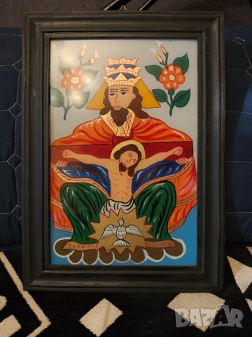 Картина икона найвизъм върху стъкло с дървена рамка