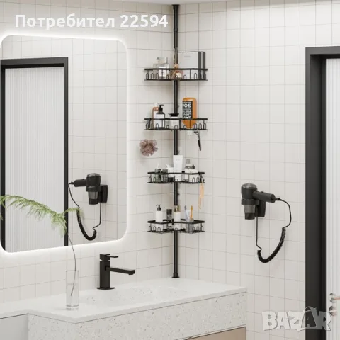 Тенсионен ъглов душ рафт 4-етажен регулируем кадифен – Черен, снимка 5 - Аксесоари за баня - 55964418