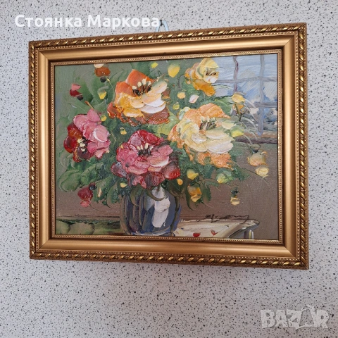 Рисувана картина ваза с цветя върху плат, снимка 3 - Картини - 53483117