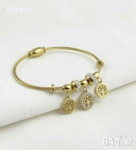 Дамска твърда гривна от медицинска стомана с висулки Дървото на живота и елементи с камъни цирконии, снимка 4 - Гривни - 52895159