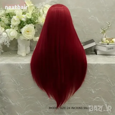 Тъмно червена бордо синтетична перука с дантела лейс фронт, снимка 3 - Аксесоари за коса - 49316459