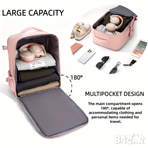 Унисекс Раница за Пътуване 40x30x20 см Кабинна Чанта, Одобрена от Авиокомпаниите, 180° Дамска/Мъжка!, снимка 3 - Раници - 53191600