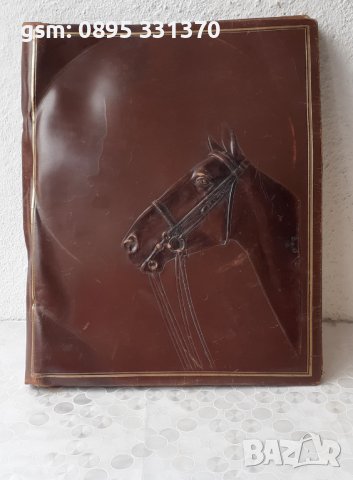 голяма, красива, кожена, стара папка за документи и др. с кон, голям формат