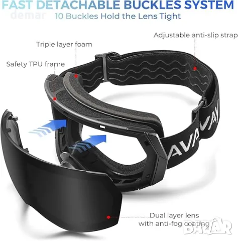 AVAWAY OTG Ски очила - Подвижни лещи против мъгла за зимни спортове, с каишка против приплъзване, снимка 3 - Зимни спортове - 48363410
