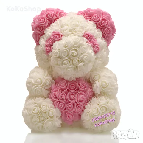 Мече от рози със сърце-40 см./мече от рози в луксозна кутия/бяло мече с розово сърце