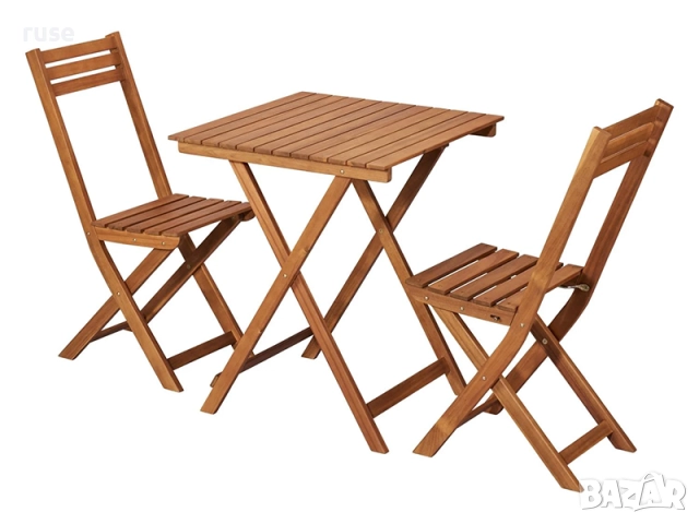 НОВИ! Дървена маса с 2 стола сгъваеми бистро комплект акация масив