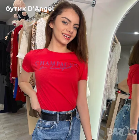 Тениска в червен цвят ❤️Champagne for breakfast, снимка 2 - Тениски - 49008800