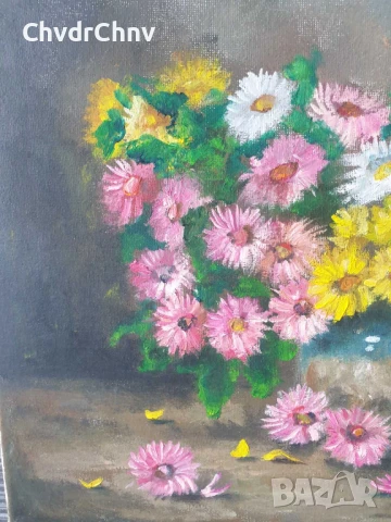 Деница Гарелова 40x30см/малка българска картина масло върху платно/натюрморт-цветя/ваза-хризантеми, снимка 2 - Картини - 51160180