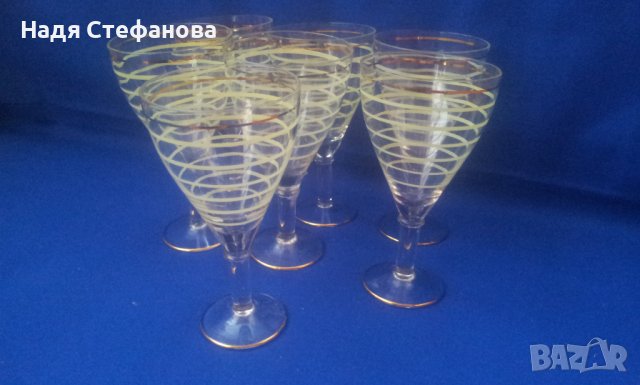 Ретро 7 ракиени стъклени чашки, столче, златни кантове , цветни кантове , снимка 5 - Колекции - 40157808