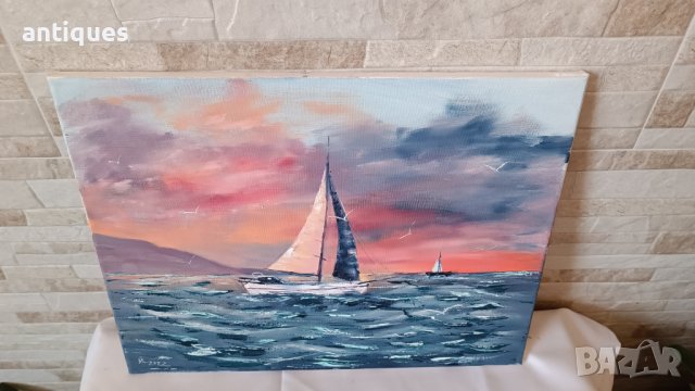 Картина "Лодка в морето" - маслени бои на платно - 40/31см, снимка 2 - Картини - 39435687