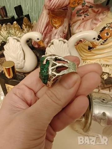 Уникален сребърен пръстен с естествен зелен тюркоаз, снимка 6 - Пръстени - 47453268