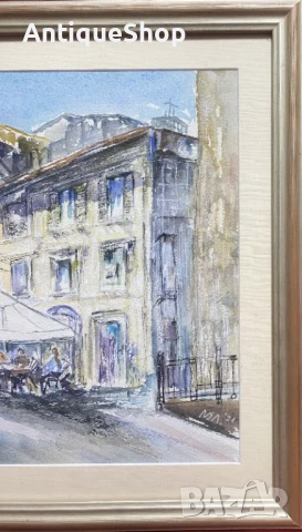 Картина, акварел, пейзаж, къщи, кафене, подписана, снимка 4 - Картини - 50454489