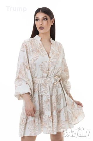 Елегантна ежедневна рокля, нежен десен, листа в кафяво