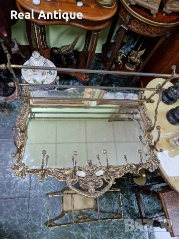 Уникална антикварна английска бронзова закачалка с огледало и чадърник , снимка 5 - Антикварни и старинни предмети - 50893035