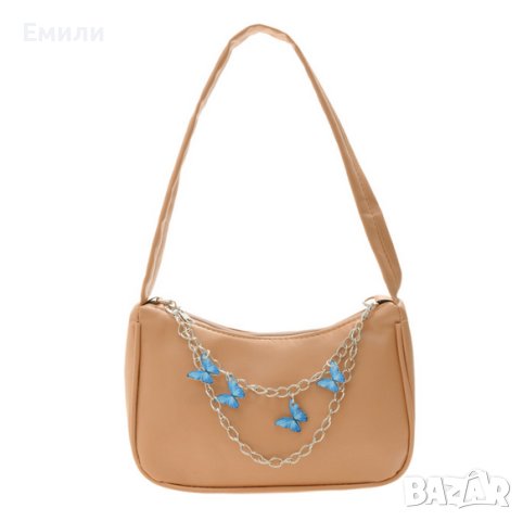 Кожена малка дамска чанта с верижка синджир с висулки пеперуди в син и сребрист цвят , снимка 1 - Чанти - 41772054
