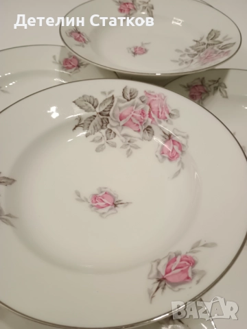 6 бр. порцеланови чинии 23 см. с флорален декор и сребрист кант, снимка 4 - Сервизи - 52239578