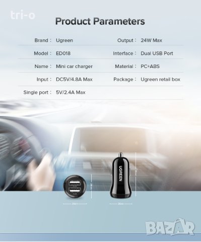 Ugreen Универсално мини зарядно за автомобил 5V/4.8A, два USB порта, снимка 2 - Зарядни за кола - 41811632