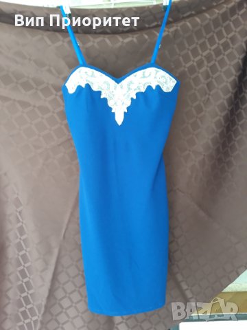 синя елегантна рокля с презрамки регулируеми, снимка 3 - Рокли - 34722081