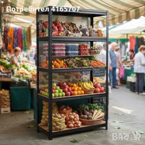 Здрав метален стелаж  -  Безвинтов гаражен рафт с 4 нива 150x70x30 см, снимка 3 - Стелажи и щандове - 55722326