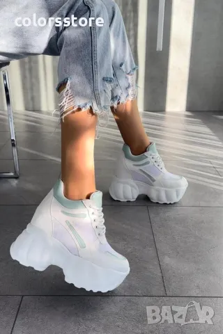 Кецове на платформа - бяло със светлозелено - PA90, снимка 2 - Кецове - 42440355