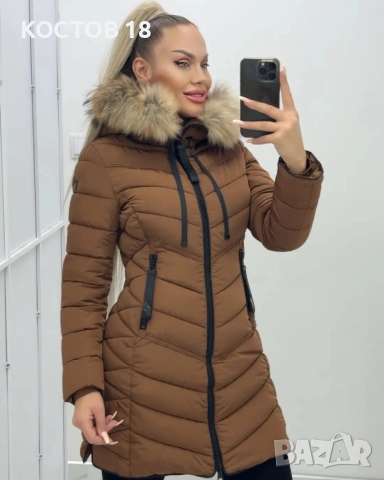 Зимно дълго яке, естествен пух на качулката – 4251 зелен 5 цвята, снимка 3 - Якета - 51872967