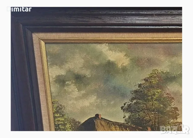 Белгийска маслена картина – селски пейзаж, подписана, стара дървена рамка, снимка 3 - Картини - 55875420