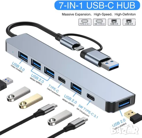 USB C хъб 7 в 1 USB 3.0 5Gbps, USB hub за зареждане и пренос на данни