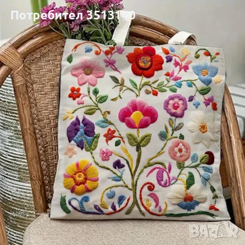 Чанта тип ТОТ, принт, имитация на бродерия и лен, снимка 2 - Чанти - 50538359