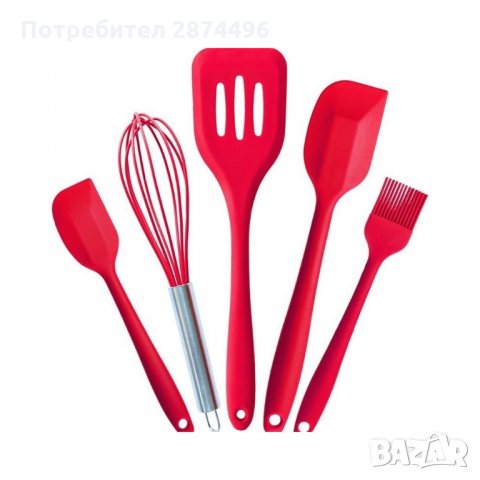 1749 Комплект от 5 бр. кухненски прибори от устойчив силикон, червени, снимка 6 - Прибори за хранене, готвене и сервиране - 35737890
