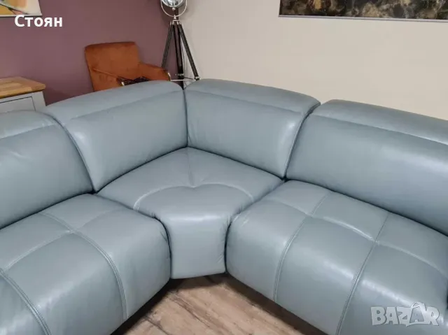  Сиво - син кожен ъглов диван "Marvella", снимка 6 - Дивани и мека мебел - 47498956