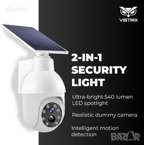 Vistrix соларна LED охранителна лампа и макетна CCTV камера с PIR сензор, IP65, снимка 2 - Соларни лампи - 50771004