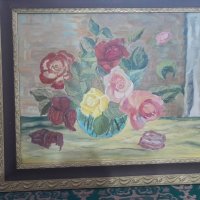53х63см Стара Картина на платно рисувана с маслени бои цветя, снимка 3 - Колекции - 38987930
